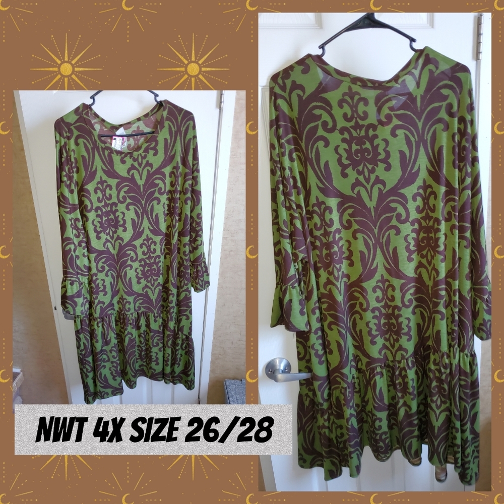 Green/Brown Damask Dress 4X 26/28